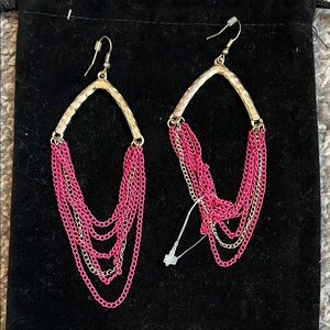 Gold Tone Earrings with Pink Multi-Strand Chains